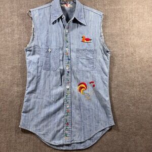 King Kole Vintage Denim Sleeveless Shirt Hand-Stitched Embroidered Artsy Sm 14